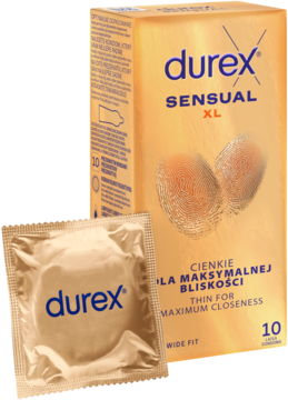 Złote opakowanie Durex Sensual XL, najcieńsze prezerwatywy, z leżącą obok złotą folią jednej prezerwatywy.