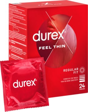 Czerwone opakowanie prezerwatyw Durex Feel Thin (24 szt.) i pojedyncza, czerwona prezerwatywa.