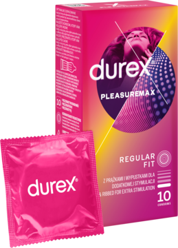 Różowe pudełko Durex Pleasuremax 10 sztuk, prążkowane prezerwatywy, i pojedyncza różowa prezerwatywa.
