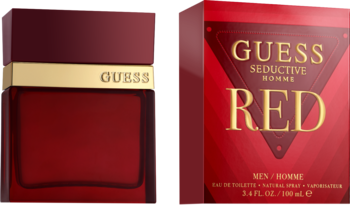 Guess Seductive Homme Red, czerwony flakon z złotą etykietą obok czerwonego pudełka męskiej wody toaletowej.