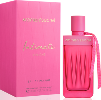 Women's Secret Intimate Delight, intensywnie różowy flakon EDP z wstążką i pasujące pudełko, widok z przodu.