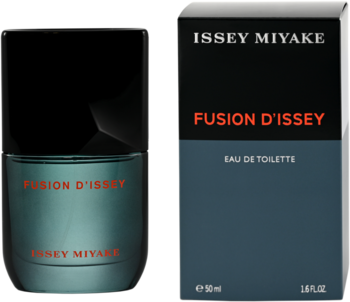 Issey Miyake Fusion d'Issey męska woda toaletowa, ciemna butelka z czarnym korkiem i czarne pudełko z czerwonym tekstem.