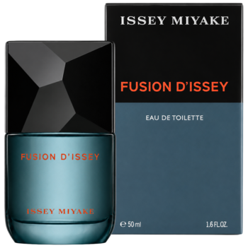 Issey Miyake Fusion d'Issey EDT, turkusowa butelka z fasetowaną nakrętką i ciemne opakowanie z pomarańczowym napisem.