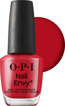 OPI Nail Envy w butelce z czarną nakrętką, kolor NT225 Big Apple Red, obok próbka czerwonego koloru.