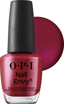 OPI Nail Envy NT226 Tough Luv: butelka bordowej wzmacniającej odŴywki do paznokci z połyskiem, obok wzornik koloru.