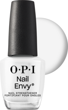 Biała butelka OPI Nail Envy NT224 Alpine Snow, odżywka wzmacniająca do paznokci z czarną nakrętką, widok z przodu.