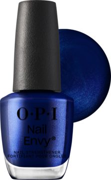 Granatowa odżywka OPI Nail Envy NT227 All Night Strong, wzmacniająca paznokcie, z metalicznym swatche. Widok przód.