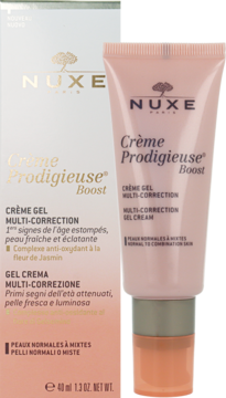 Różowy krem-żel Nuxe Crème Prodigieuse Boost 40ml na tle jego białego pudełka, do skóry normalnej i mieszanej.
