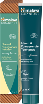 Himalaya Botanique Neem & Pomegranate Toothpaste, zielone opakowanie i tubka 75ml, widok z przodu.