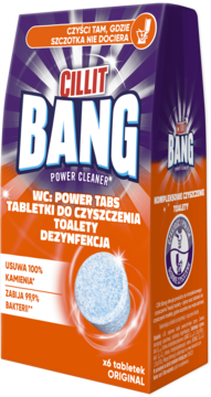 Cillit Bang WC Power Tabs, tabletki do czyszczenia toalety, w pomarańczowo-fioletowym pudełku, widok z przodu.