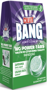 Fioletowo-zielone opakowanie Cillit Bang WC: Power Tabs, tabletki do toalety, zapach sosnowy, widok przodu.
