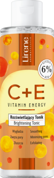 Butelka Lirene C+E Vitamin Energy Brightening Tonic 6% kwas glikolowy, pomarańczowa etykieta, widok z przodu.