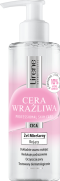 Lirene Kojący Żel Micelarny do cery wrażliwej, przezroczysta butelka z dużą różową etykietą i białą pompką.