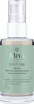 Serum MIYA BEAUTY.lab aktywnie odbudowujące barierę hydrolipidową w miętowej butelce z pompką, widok z przodu.