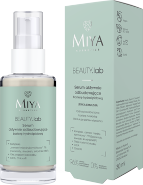 MIYA BEAUTY.lab Serum odbudowujące barierę hydrolipidową, butelka z pompką i miętowe pudełko, widok z przodu.