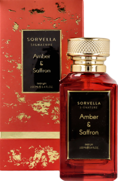 Perfumy Sorvella Signature Amber & Saffron: elegancka, bursztynowa butelka ze złotym korkiem, obok czerwone pudełko.