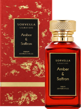 Perfumy Sorvella Signature Amber & Saffron: bursztynowy flakon z nakrętką i czerwone pudełko ze złotym wzorem, widok z przodu.