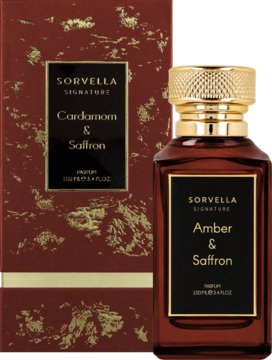 Orientalne Sorvella Signature: brązowa butelka Amber & Saffron, bordowe pudełko Cardamom & Saffron.
