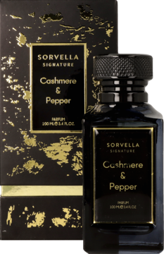 Sorvella Signature Cashmere & Pepper 100ml, ciemna butelka perfum ze złotymi detalami, obok czarno-złote pudełko.