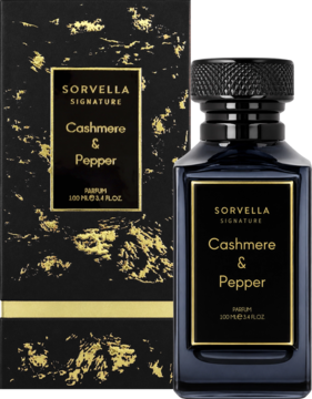 Sorvella Signature Cashmere & Pepper perfumy 100ml w ciemnej butelce i czarno-złotym pudełku, widok z przodu.
