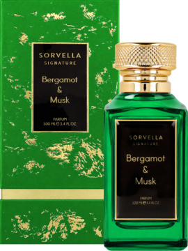 Zielone perfumy Sorvella Bergamot & Musk w butelce z złotą zakrętką obok otwartego pudełka.