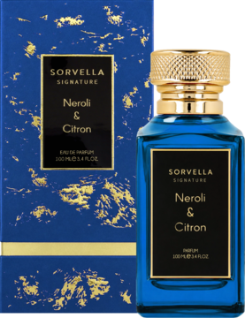 Niebieska butelka perfum Neroli & Citron z pudełkiem, złoty korek, złote zdobienia, widok pod kątem.