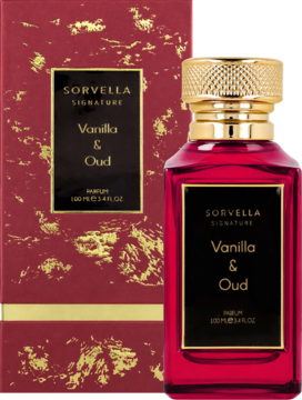 Sorvella Signature Vanilla & Oud perfumy. Widok z przodu czerwonej butelki i dopasowanego, złoto-czerwonego pudełka.