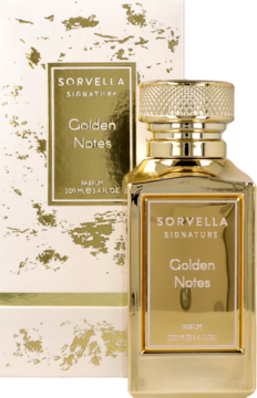 Złoty flakon perfum Sorvella Signature Golden Notes 100ml z ryflowaną zakrętką, na tle białego pudełka ze złotem.