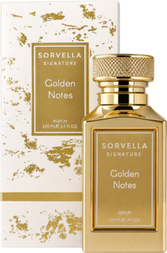 Złote perfumy Sorvella Golden Notes 100ml, flakon z teksturą i białe pudełko w plamki, widok z przodu.