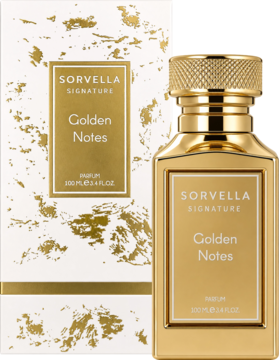 Złoty flakon perfum Sorvella Golden Notes 100ml z eleganckim pudełkiem w biało-złote wzory, przód.