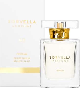 Perfumy Sorvella BCR w szklanej butelce z jasnym płynem i złotym detalem na korku, obok białe pudełko, widok z przodu.