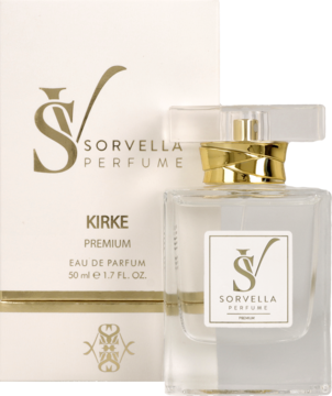 Sorvella Perfume Kirke, flakon z przezroczystego szkła ze złotym korkiem obok białego pudełka zapachu.