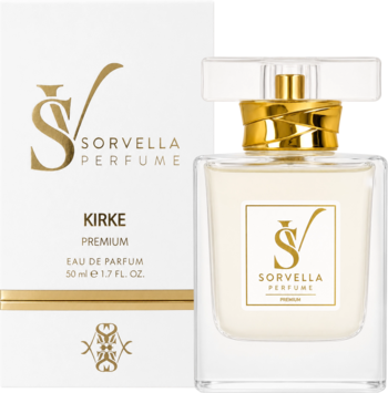 Sorvella Kirke Premium Eau de Parfum 50ml, białe pudełko i szklana butelka ze złotą zakrętką, widok z przodu.