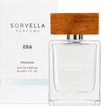 Perfumy unisex Sorvella Era 50 ml w szklanej butelce z drewnianym korkiem i białym pudełkiem, widok z przodu.