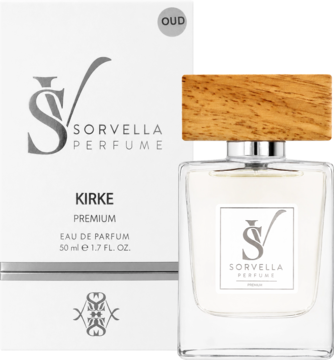 Sorvella Kirke, orientalne perfumy 50ml, oud, róża i czekolada. Butelka z drewnianym korkiem i pudełko, widok z przodu.