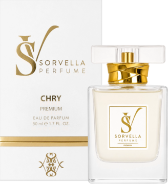 Butelka perfum Sorvella CHRY Premium EDP 50ml i białe pudełko, złote detale, orientalno-wiśniowy zapach.