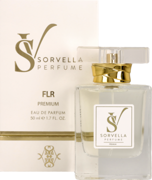 Sorvella Perfume FLR, elegancka butelka EDP z złotą nakrętką i białym kartonikiem, widok z przodu. Kwiatowy zapach.