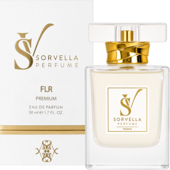 Białe opakowanie SORVELLA PERFUME FLR Premium Eau de Parfum obok szklanej butelki z złotym korkiem, widok z przodu.