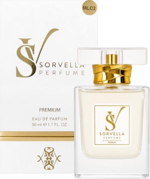 Sorvella Perfume Premium Eau de Parfum 50ml, białe pudełko ze złotymi akcentami i szklana butelka z płynem i złotym korkiem.