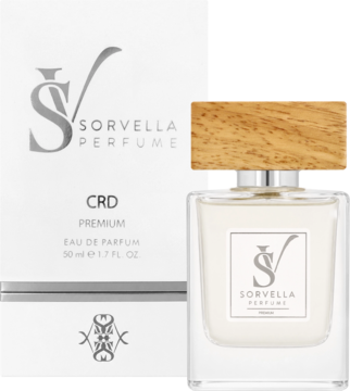 Sorvella Perfume CRD EDP 50ml, butelka z drewnianą nakrętką i białe pudełko z logo SV, widok z boku.