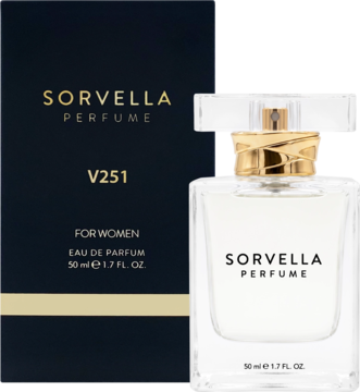 Perfumy Sorvella V-251 dla kobiet: jasna butelka obok ciemnego opakowania z złotymi akcentami, widok z przodu.