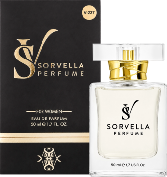 Sorvella Perfume For Women EDP 50ml: szklana butelka z przejrzystym płynem i złotym korkiem, obok czarno-złote pudełko.