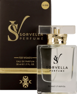 Sorvella Perfume dla kobiet w eleganckim brązowo-złotym pudełku i szklanej butelce 50ml, widok z przodu.