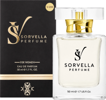 Sorvella Perfume dla kobiet 50ml w czarnym pudełku i szklanej butelce ze złotym korkiem, widok z przodu.