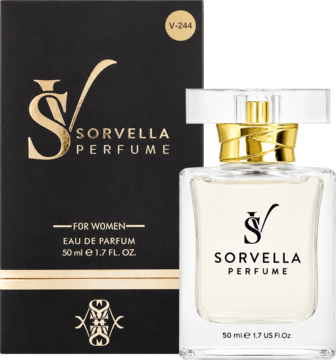 Sorvella Perfume 50ml, damskie perfumy w szklanej butelce obok czarno-złotego kartonika, widok z przodu.