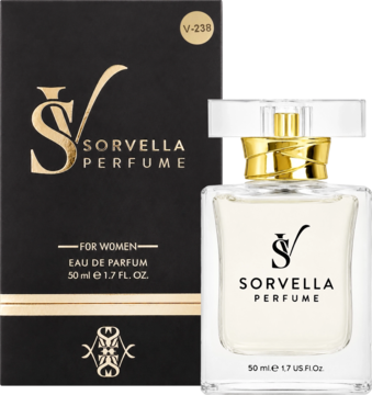 Sorvella V-238 perfumy damskie 50ml. Czarny kartonik i szklana butelka z przezroczystego szkła ze złotym korkiem.