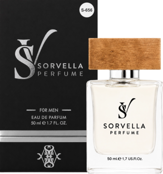 Męskie perfumy Sorvella 50 ml EDP, butelka z jasnym płynem, drewnianą nakrętką, obok czarne opakowanie.