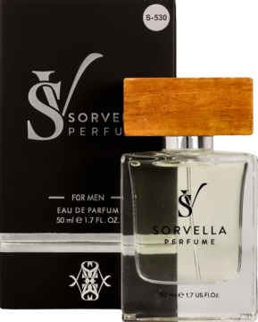 Sorvella S530 męska woda perfumowana 50ml, butelka z drewnianą nakrętką przed czarnym pudełkiem z logo.