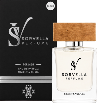 Sorvella S530 woda perfumowana 50ml dla mężczyzn, butelka z drewnianym korkiem i czarno-srebrne pudełko.