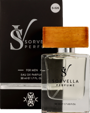 Męska woda perfumowana Sorvella w czarnym pudełku i szklanej butelce z drewnianą nakrętką, widok z przodu.